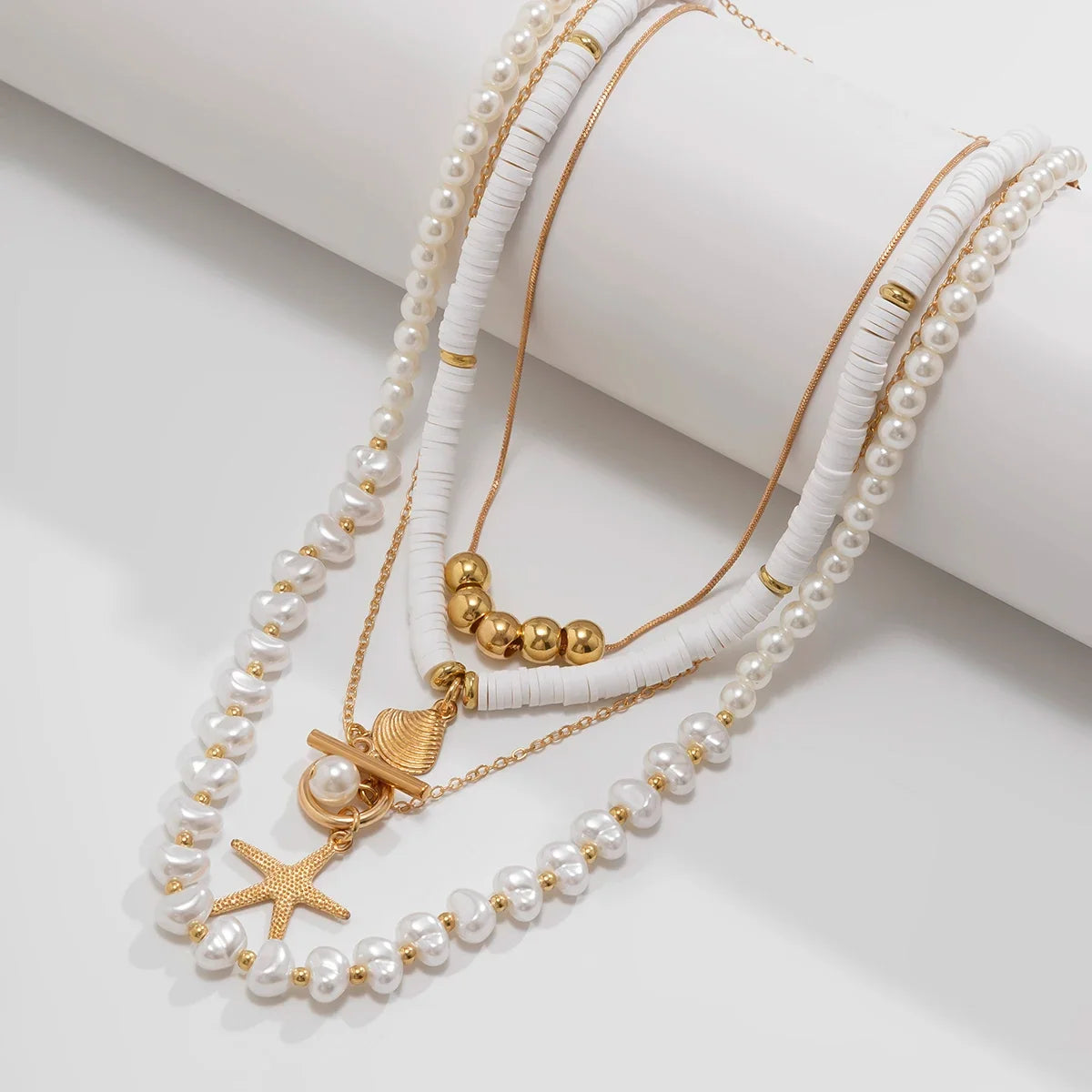 Ingemark 3Pcs/Set Bohemian Scallop Starfish Pendant Necklace for Women Elegant Imitation Pearl Chain Jewelry Accessories Gift