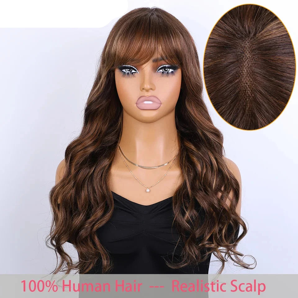 Natural Color 24" Body Wave Wig with Bangs | 180% Density Remy Human Hair Middle Part Lace