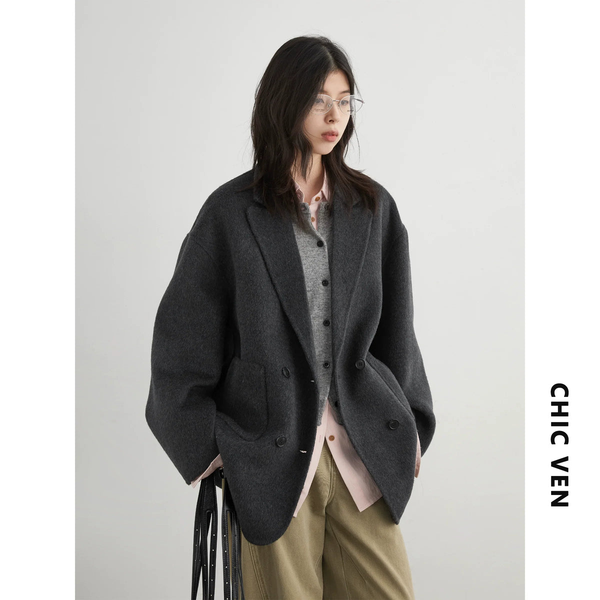 CHIC VEN New Women Woolen Coat Loose Solid Mid-length Double-sided Oversized Office Ladies Jackets Outerwear Autumn Winter 2026