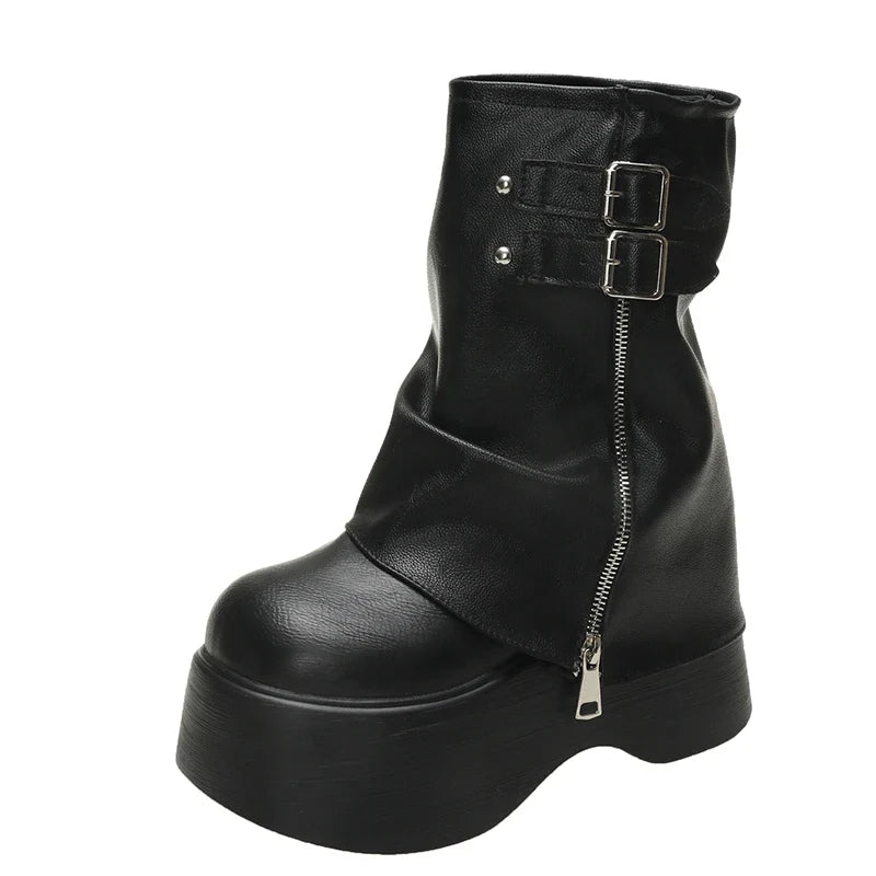 Soft Leather Ankle Mid Calf Boots Winter Autumn High Platform Wedge British Booties Woman New Ladies Chunky Motorcycle Boots 9CM