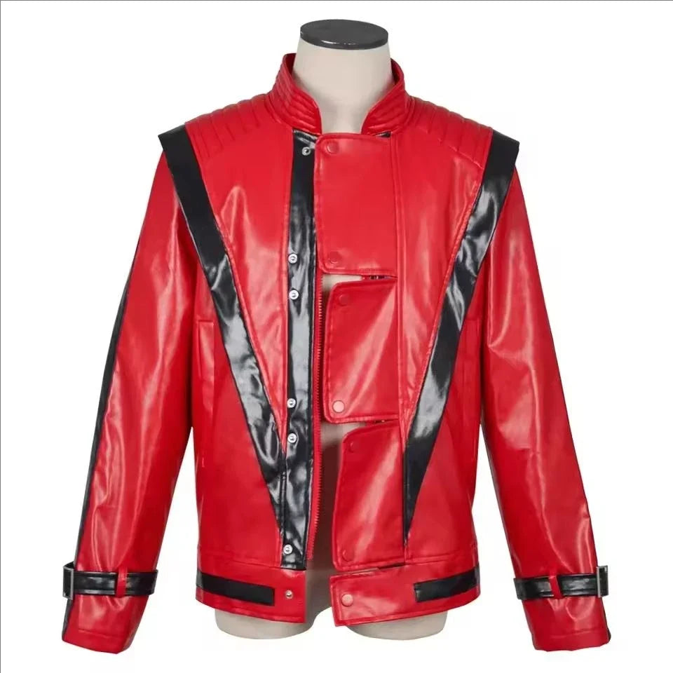 Classic Michael Red Leather Jacket Cosplay Costume Zipper Design Carnival Performance Wear Teen And Adult