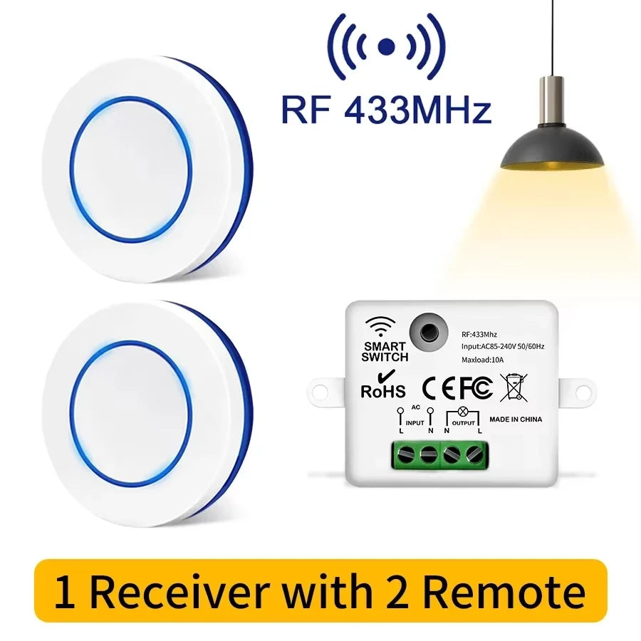RF 433MHz Wireless 10A Relay Receiver Remote Control Light Switch 220V 110V Mini Round Button Wall Panel Switch For LED Lamp