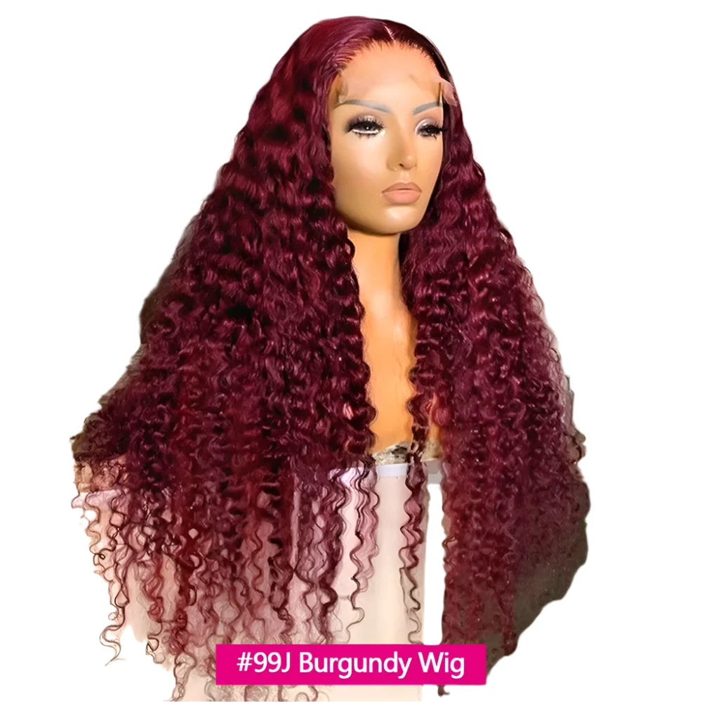 30 Inch Burgundy 99J Curly Human Hair Wig | 13x6 Lace Frontal | 200% Density