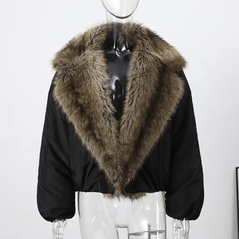 Fashion Faux Fur Patchwork Cotton Coat Women Lapel Zipper Pocket Cropped Street Warm Jacket 2026 Winter Lady Puffer Jackets New