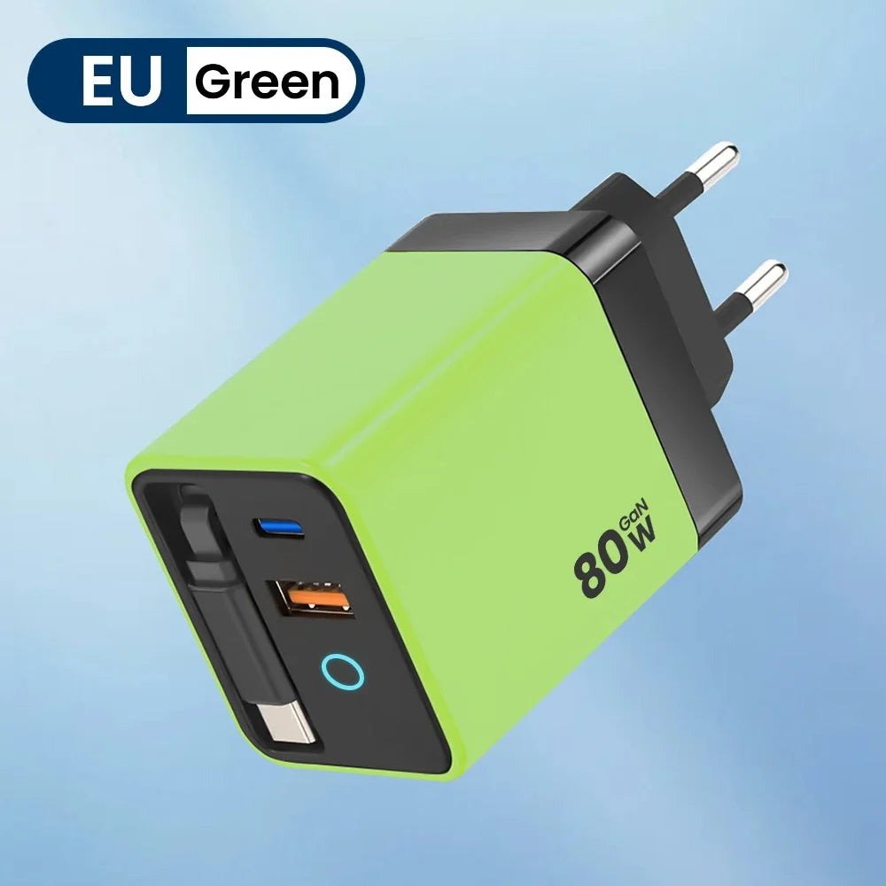 Elough 80W Gallium Nitride Charger Scalable Data Cable for Iphone Huawei A+C Full Protocol Multi Port Charging Head