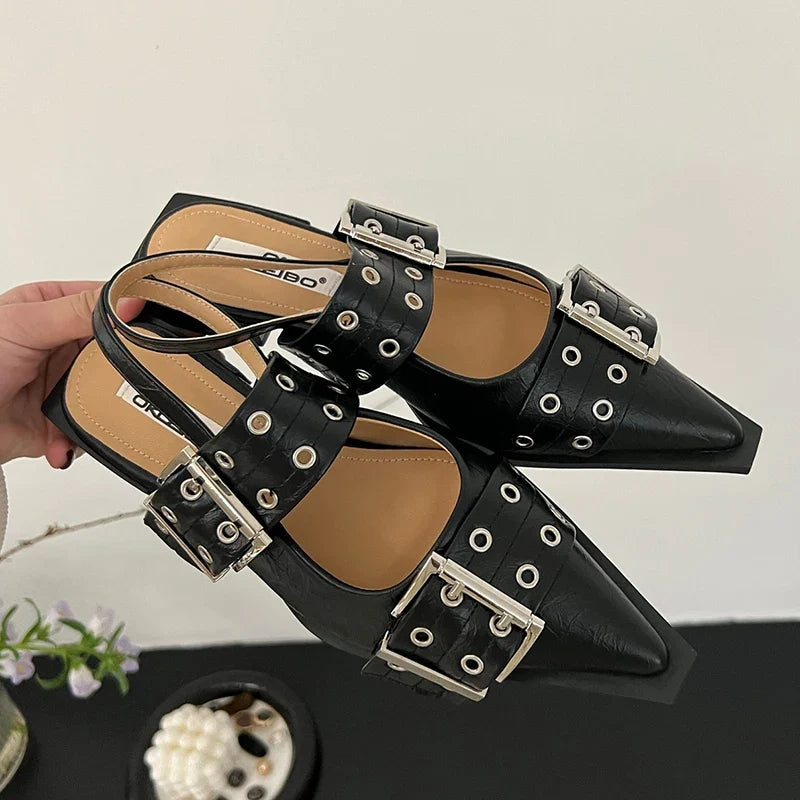 Women Flat With Shoes 2026 Designer Luxury Buckle Fashion Ladies Flats Shoes Slingback Pointed Toe Casual Female Sandals Mules