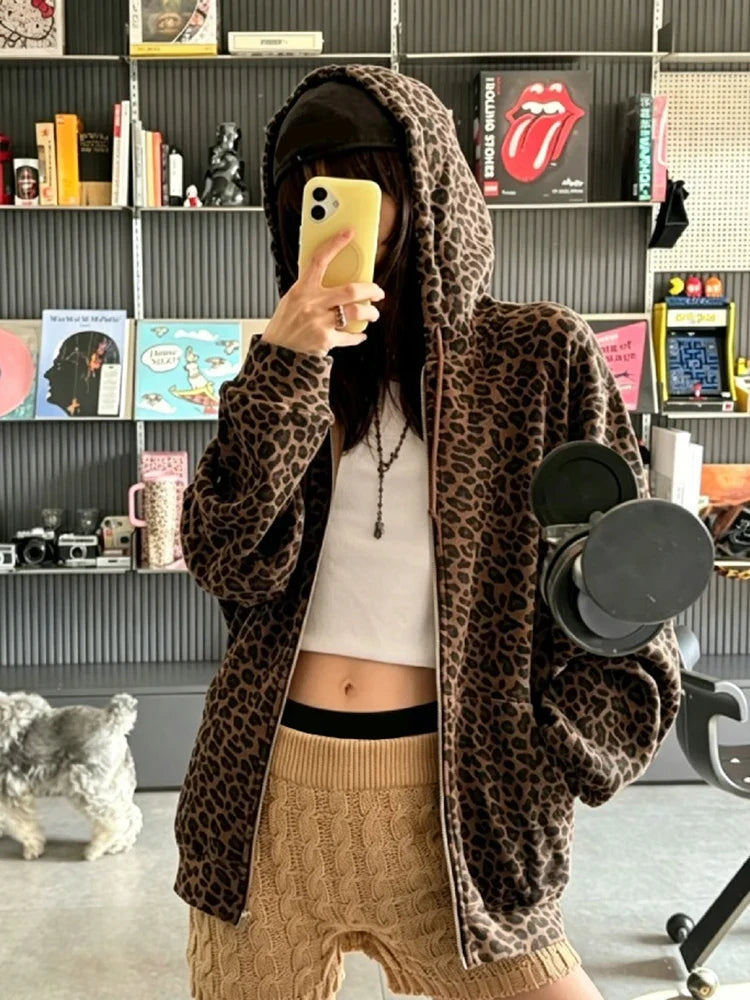 Y2K Leopard Print Hooded Jacket Women Full Zip Drawstring Hood Long Sleeve Loose Fit Streetwear Street Club Ladies Outerwear