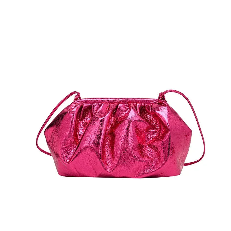 Small Luxury Design Women's Leather Silver Cloud Bag | Gold Crossbody & Ladies Party Clutch Purse (Sequined, Ruched Handbag)