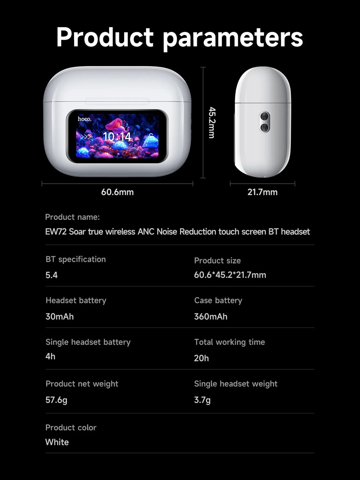 HOCO EW72 Wirelss Bluetooth 5.4 ANC Noise Reduction Earphone With LED Full Touch Smart Screen Charging Box Music Sports Earbuds
