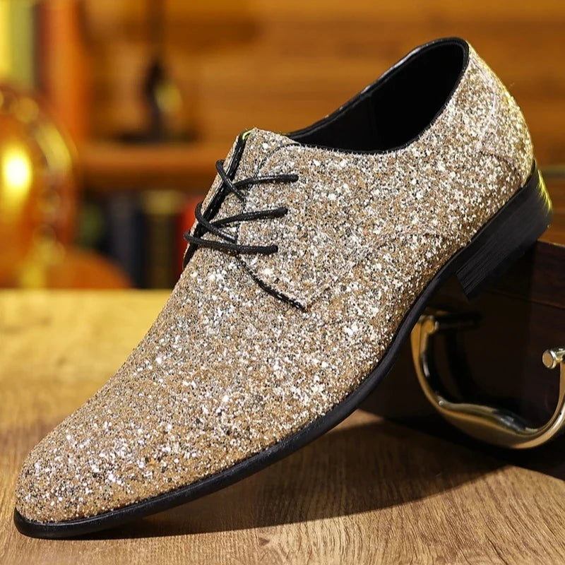 Luxury Men Dress Shoes Gold Silver Sequin Wedding Shoes High Quality Lace-Up Oxford Shoes Fashion Designer Men Flats Large Size