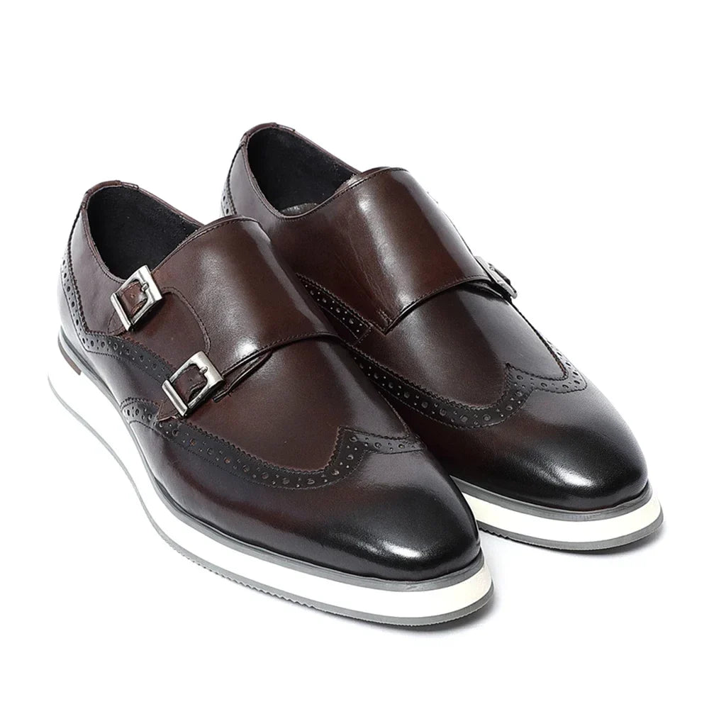 Luxury Men's Double Buckle Monk Strap Flats | Genuine Leather Casual Walk Shoes (Dark Brown, Black)