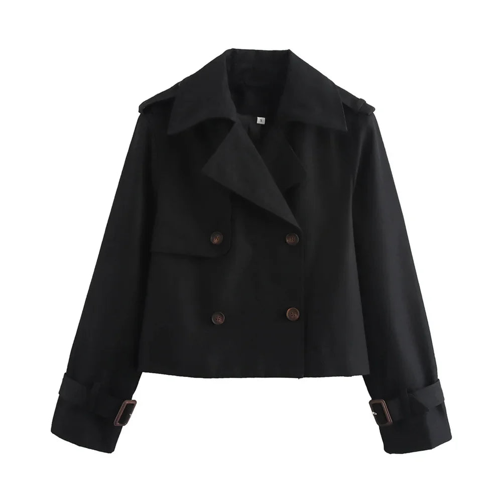 Ladies Vintage Cropped Trench Spring Autumn Jacket Women Streetwear Double Breasted Long Sleeve Top Female Chic Coat Outfits