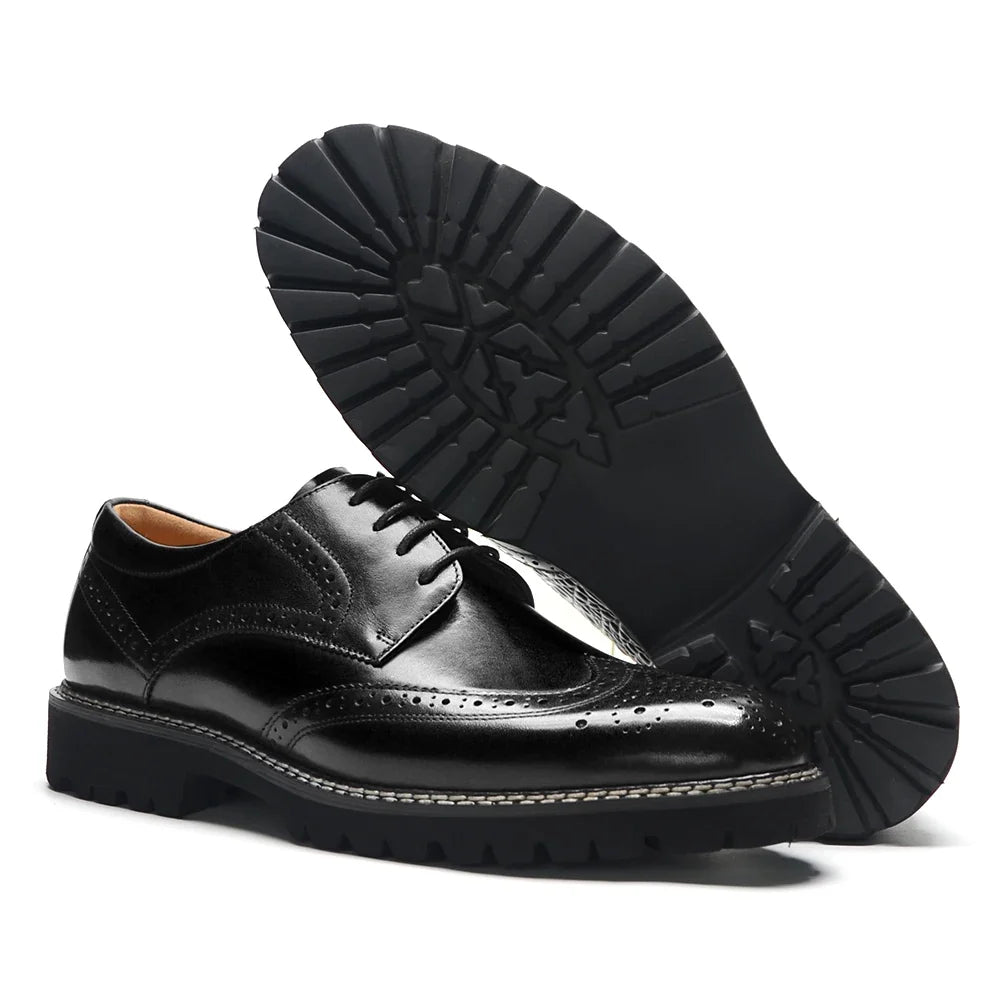 Handsome Men's Luxury Genuine Leather Sneakers | Wingtip Brogue Casual Oxfords (Height Increasing, Waterproof)