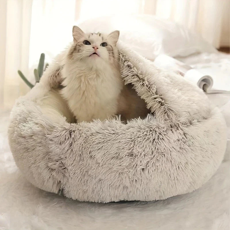 Plush Hooded Cat Cave Bed Round Semi‑Enclosed Shell Pet Nest Washable Anti‑Slip Warm All Season Sleeping Bed For Cats Small Dogs