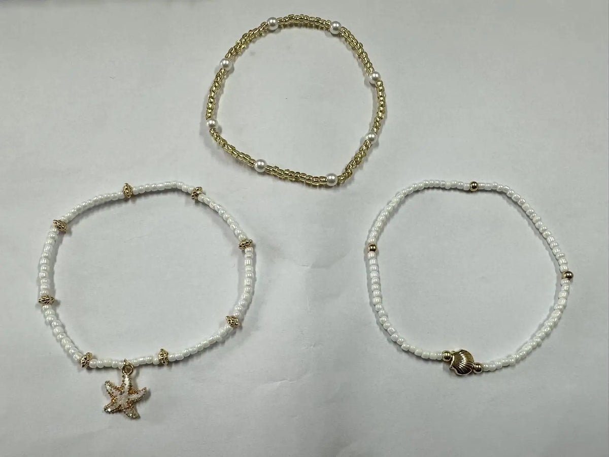 Summer Bohemian Style Starfish Shell Millet Bead Ankle Chain Three-Layer Set Beachy Elegant Foot Jewelry Accessory