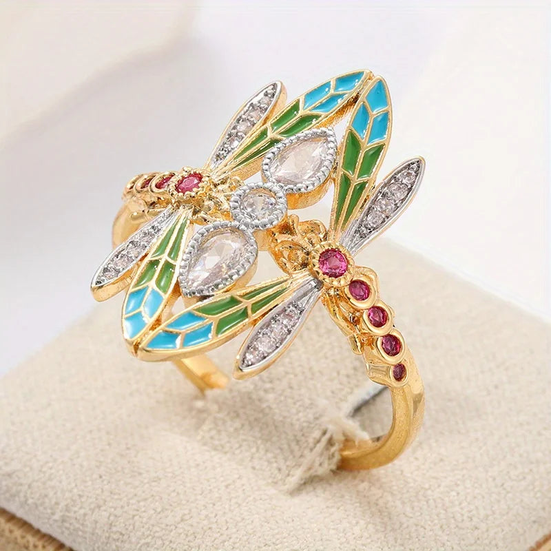 Gorgeous Vintage Insect Dragonfly Ring for Men Women Blue Cubic Synthetic Zirconia Party Jewelry Christmas Anniversary Gift