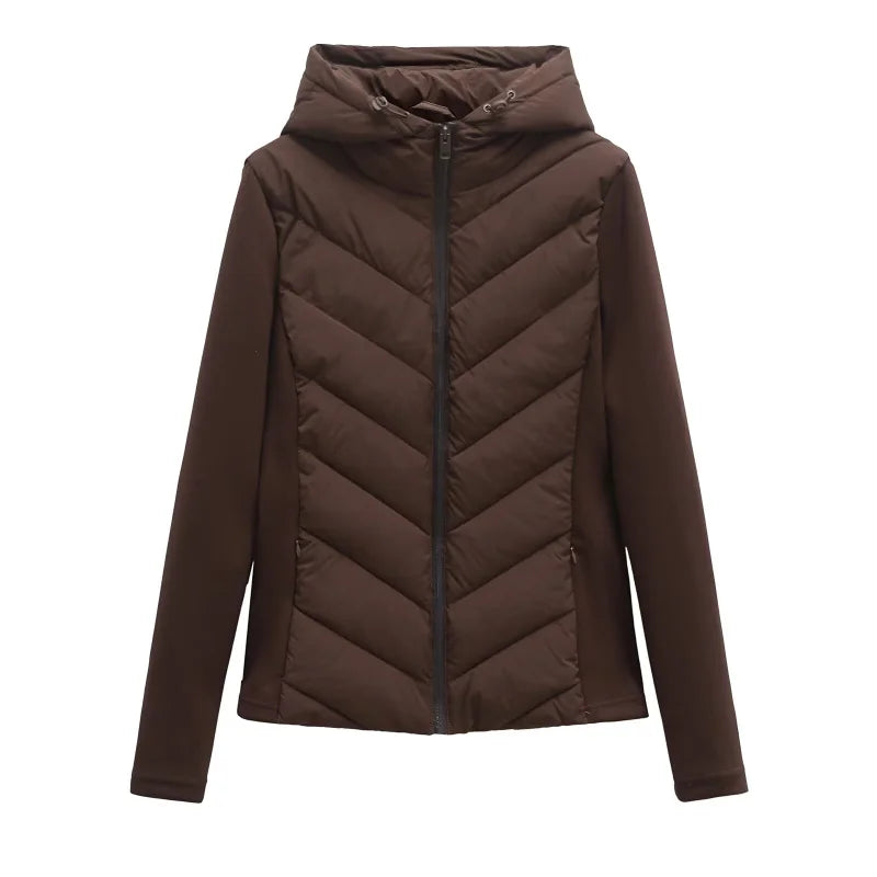 ETJ 2025 new women's elegant fashion patchwork long sleeve standing collar hooded cotton jacket sport coat 8073227