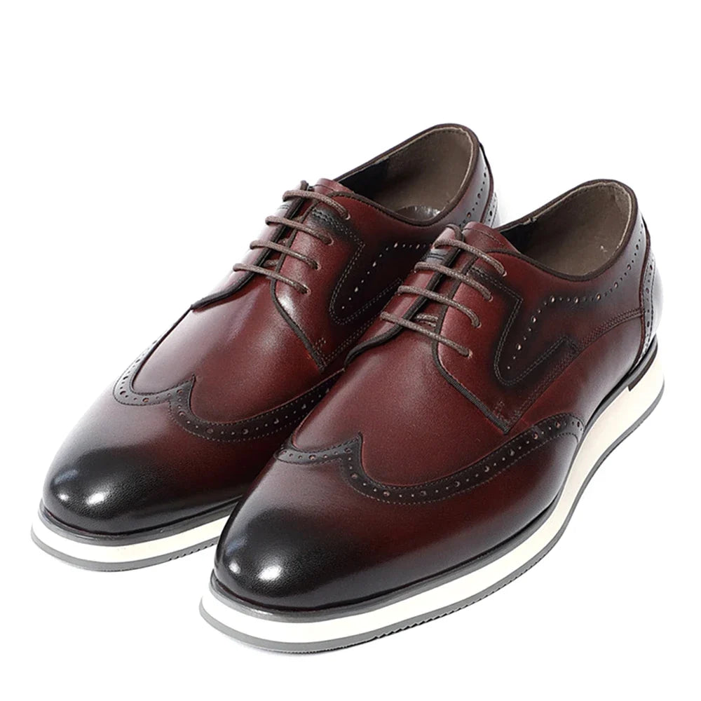 Men's Natural Cowhide Genuine Leather Derby Dress Shoes | Brogue Wingtip Flat Shoes (Black, Wine Red)