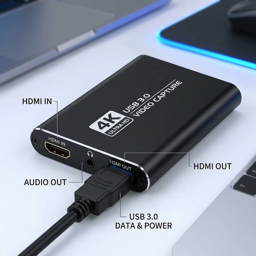 4K USB 3.0 Video Capture Card, HDMI-compatible HDTV Recorder Grabber for Game Recording, PC, Game Audio & Mic