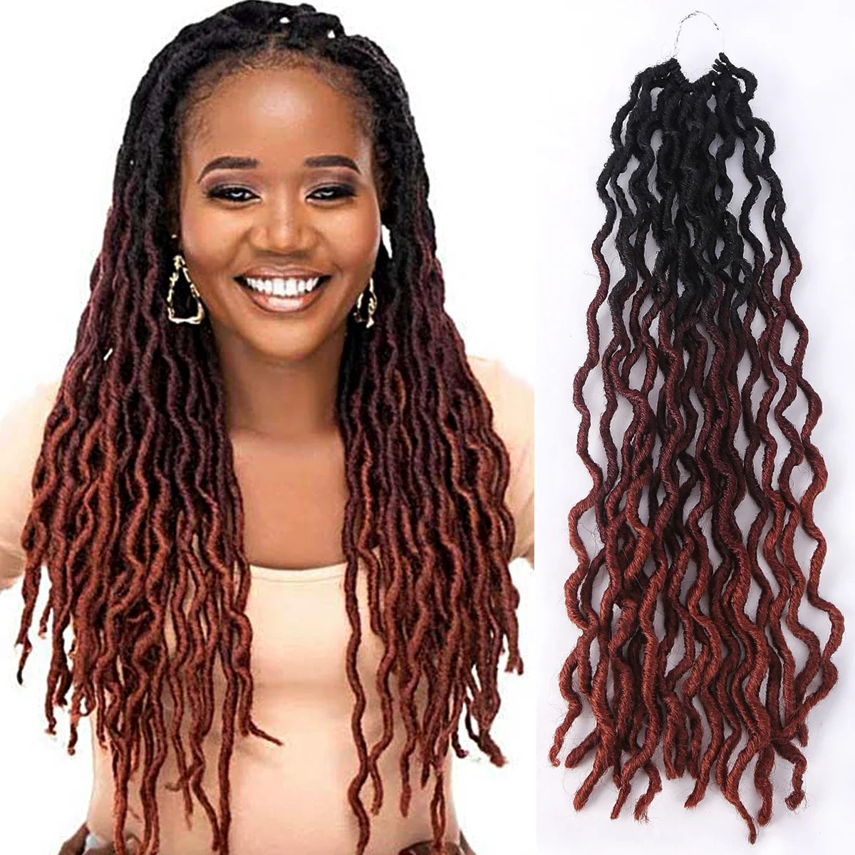 Goddess Faux Locs Crochet Hair | Soft Curly Ombre Dreadlock Extensions (Synthetic Braiding)