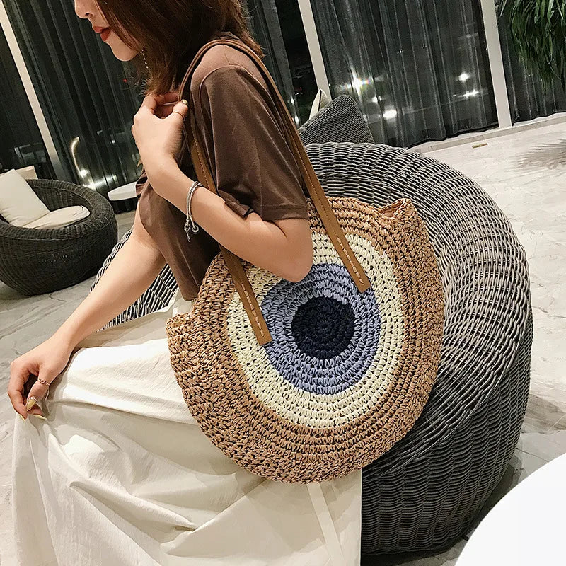 Large Capacity Round Women's Fashionable Straw Woven Shoulder Bag | Handmade Summer Beach Travel Holiday Women Tote Bags