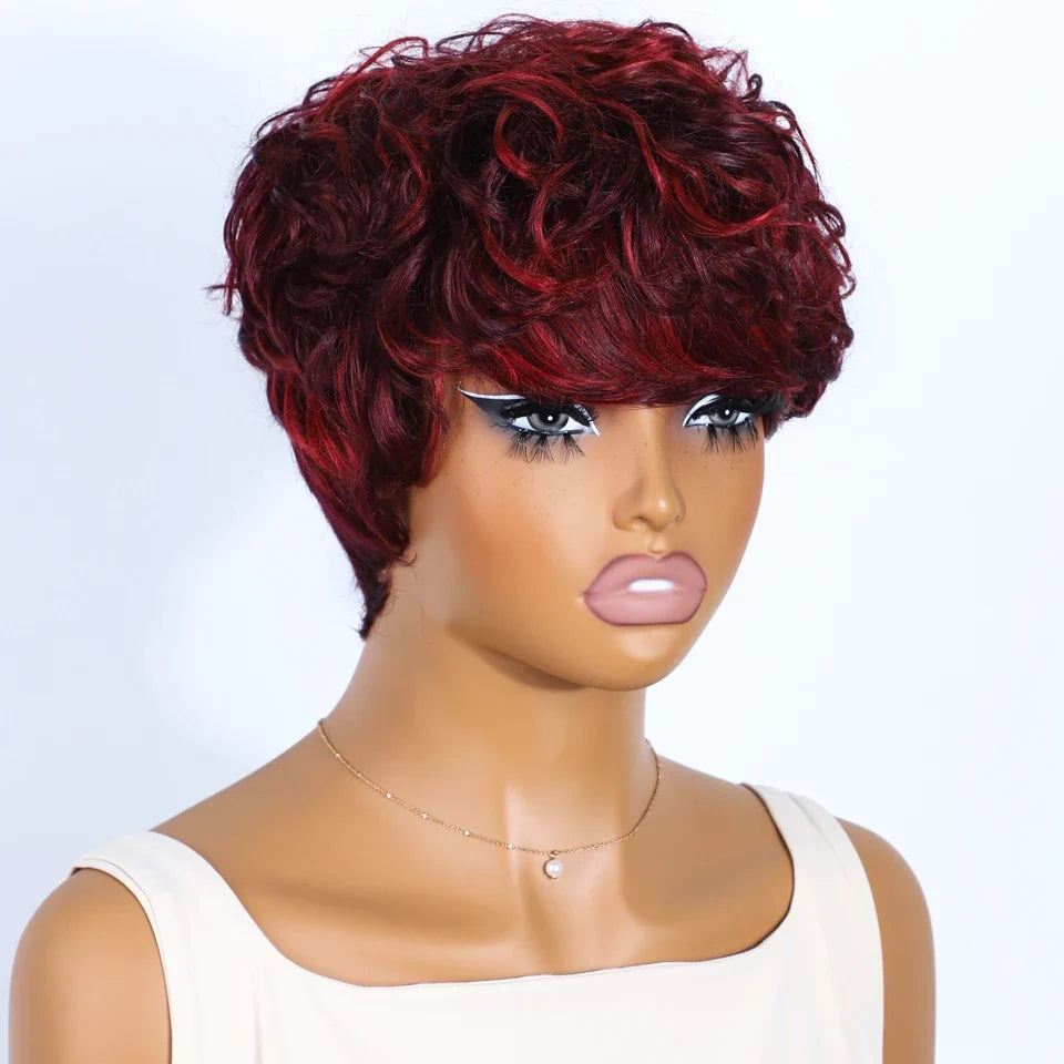 Rebecca P1B/30 Brown Pixie Cut Wig | Curly Side Part Brazilian Human Hair