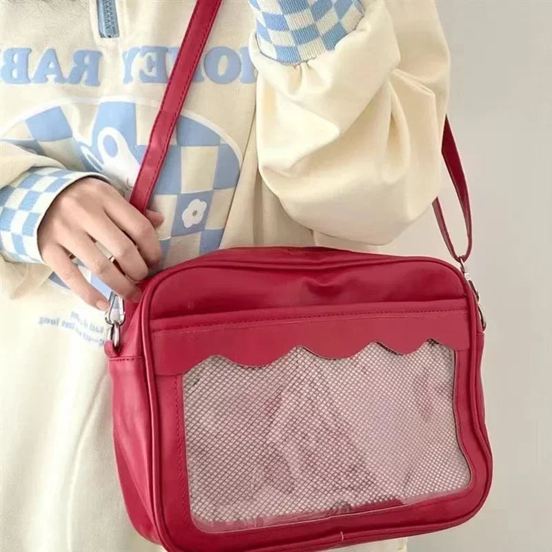 Women's PU Transparent Pocket Ita Bag | High School Girls JK Uniform Crossbody Shoulder Handbag (Fashion Satchel)