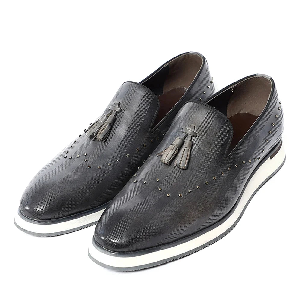 Top Grade Luxury Men's Genuine Leather Loafers | Original Stripe Rivets & Tassel Casual Flat Shoes