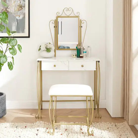 Vanity Table Set With Mirror & Stool,White Makeup Dressing Desk With Drawers For Girls,Women,Bedroom,Gift