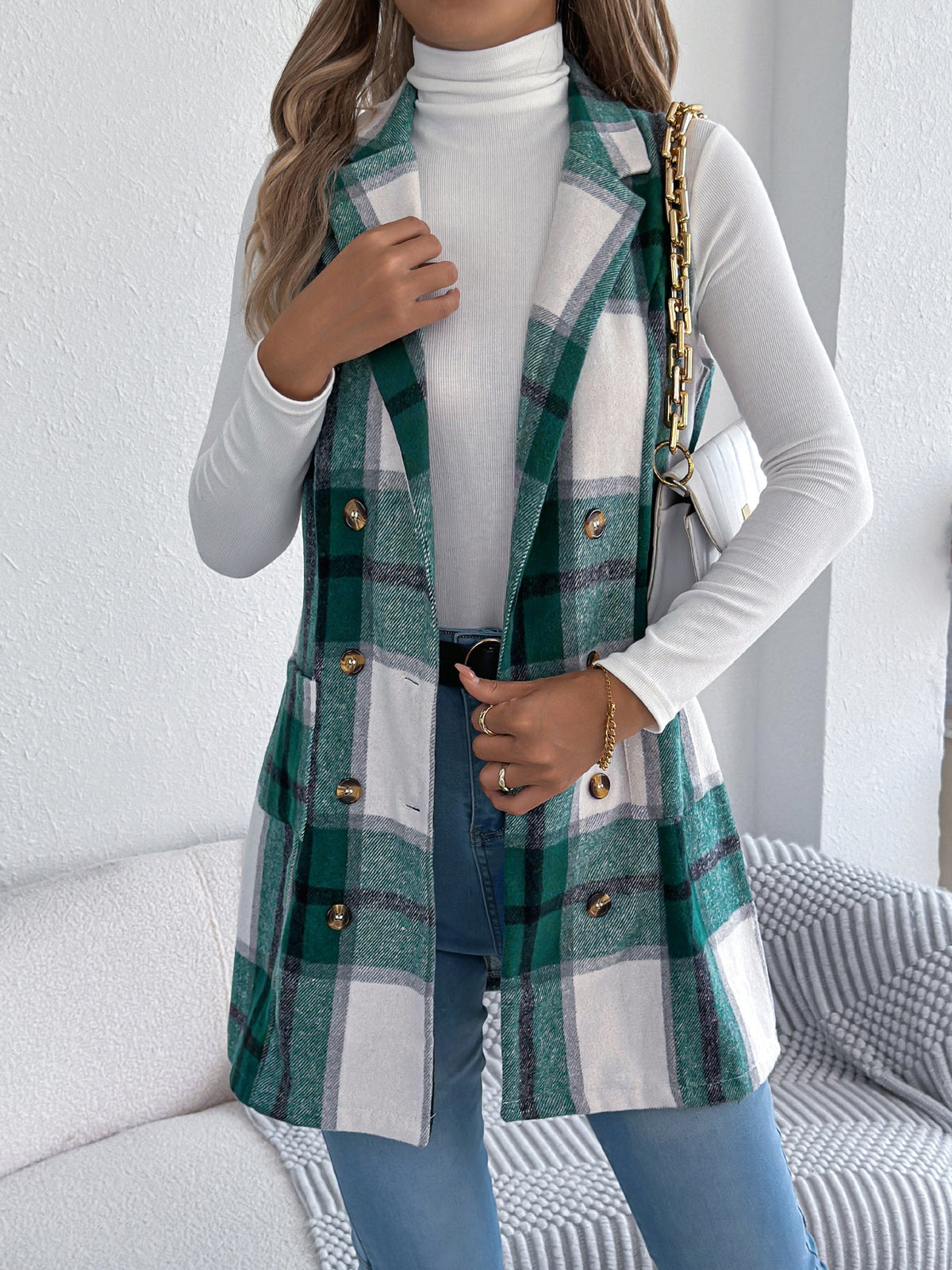 Women's Plaid Double-Breasted Pocket Tweed Long Vest