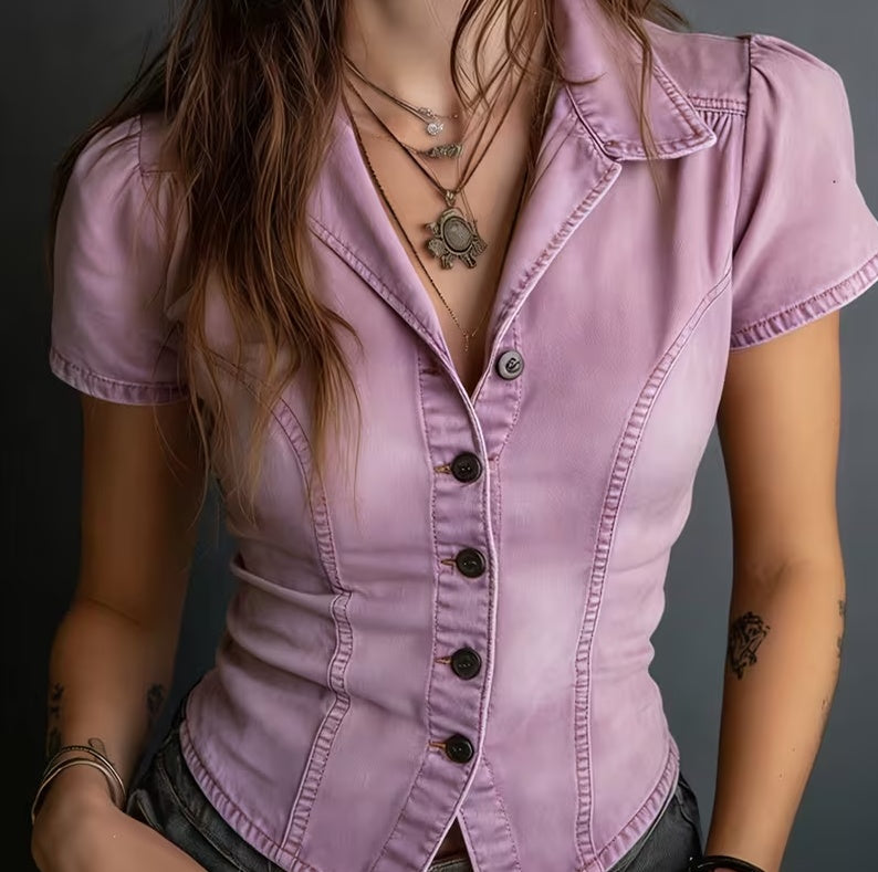 Vintage Waist-Cinched Short-Style Blazer-Collar Short-Sleeve Shirt