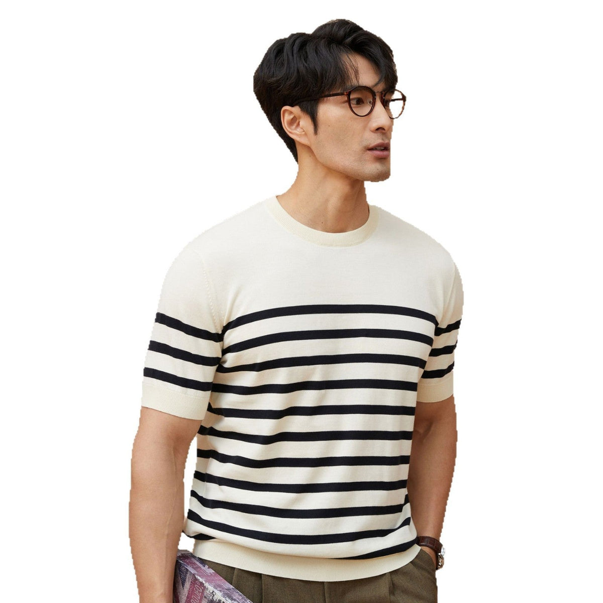 Summer New Short-sleeved Knitted Sweater Men's Striped Light Luxury Business Casual