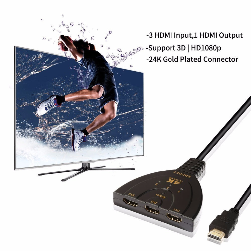 3-Port 4K HDMI 2.0 Splitter Switcher Adapter Hub for 3D and 4K Displays