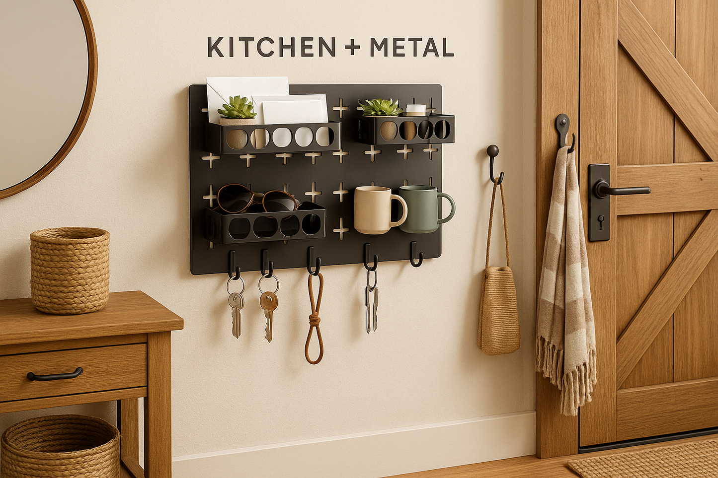 Gold Key Hook With 3 Adjustable Baskets And 3 Hooks For Wall Storage | Home Decor | Kitchen + Metal