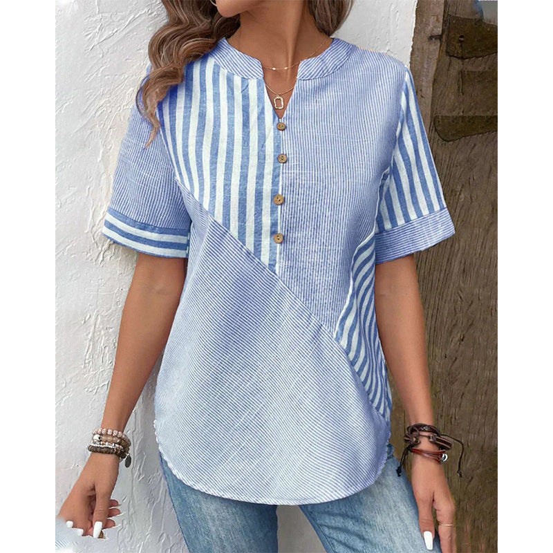 Womens Plus-Size Asymmetrical Striped Patchwork Cotton-Linen Top
