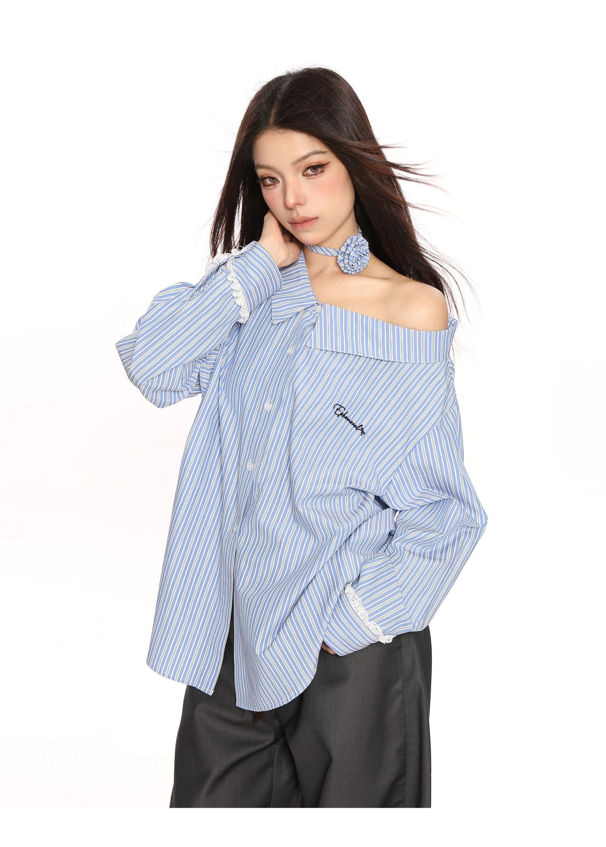 Blue Striped Shoulder Slimming Shirt Women's Long-sleeved Top