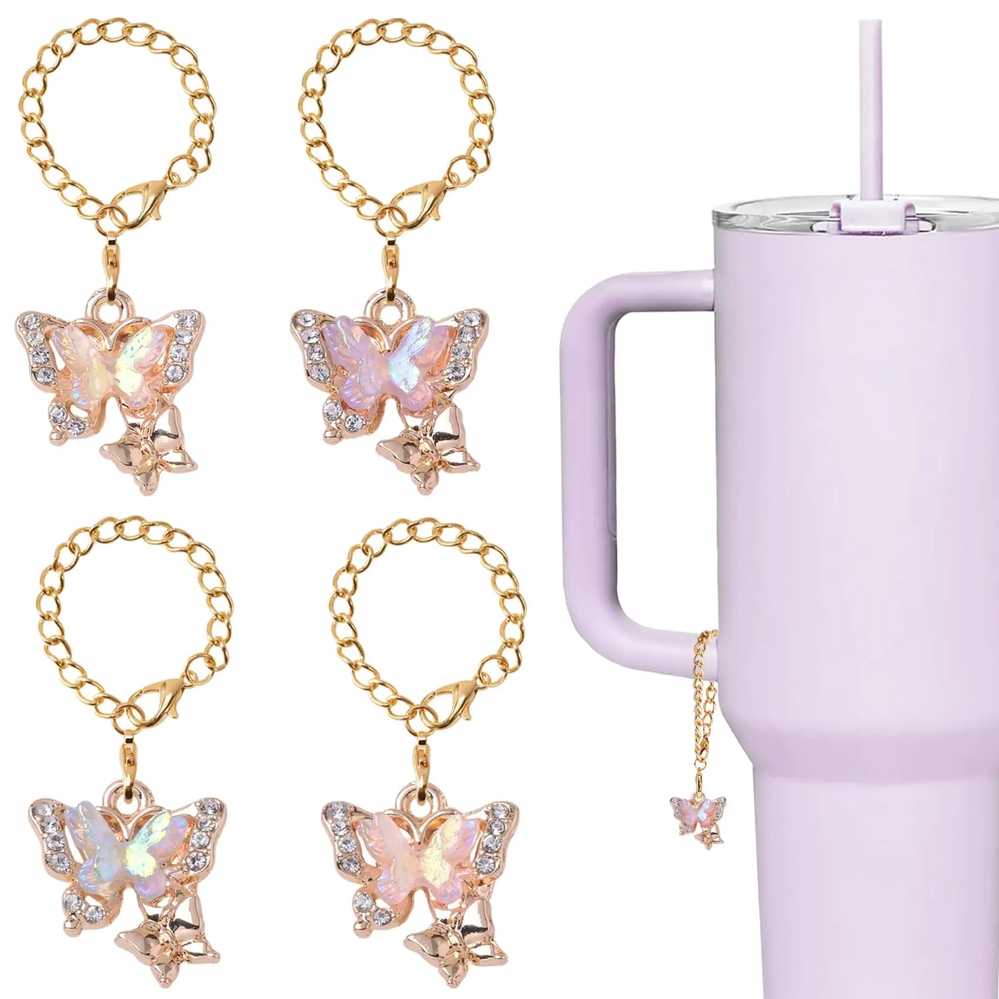 Style Loft Collection 4Pcs Butterfly Stanley Cup Accessories Cute Stanley Cup Charms Butterfly Water Bottle Charms Accessories Glitter Handle Charms for Stanley Tumblers (Pink)