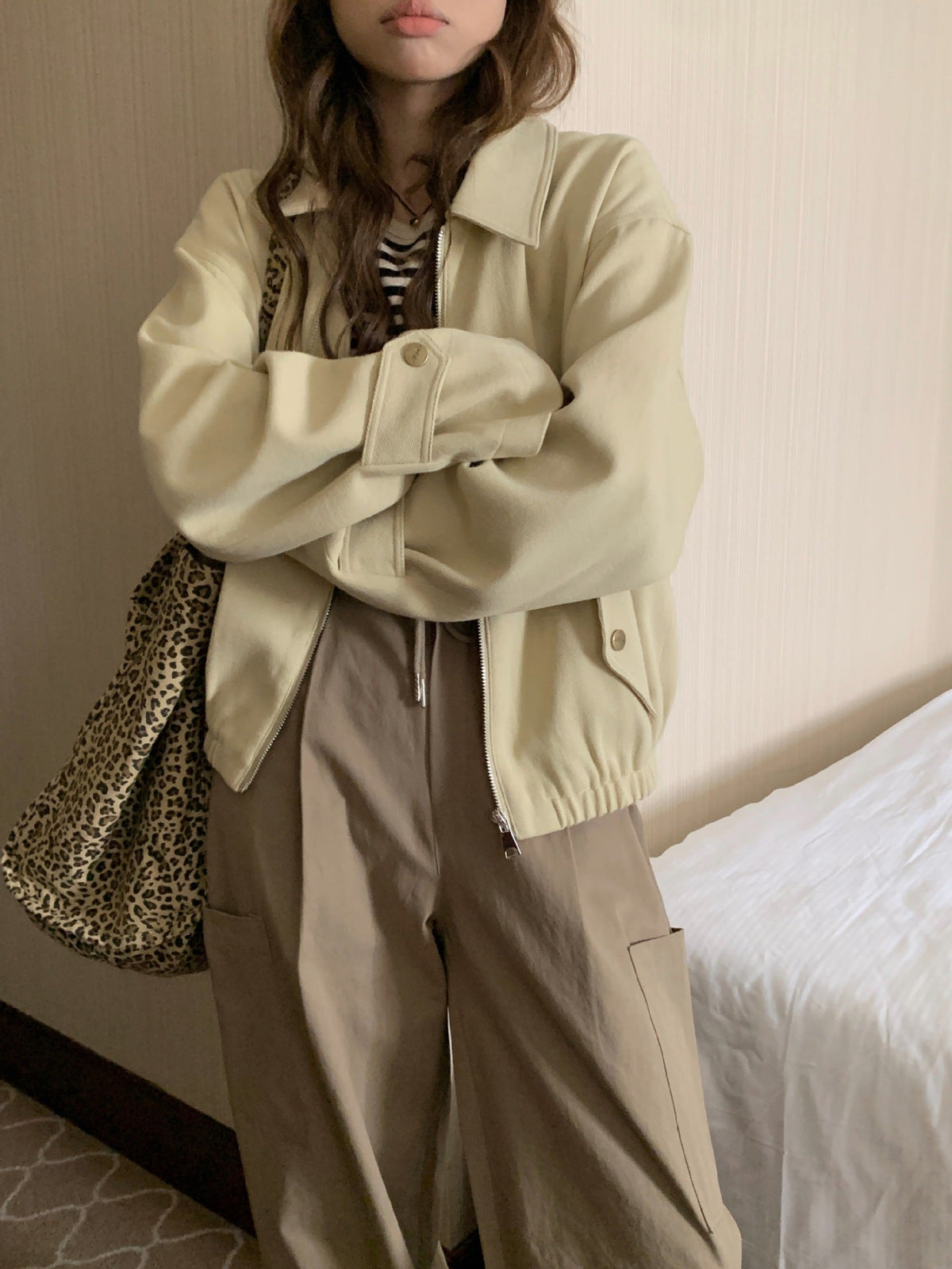 Casual Solid Color Lapel Long Sleeve Loose Slimming Zipper Coat