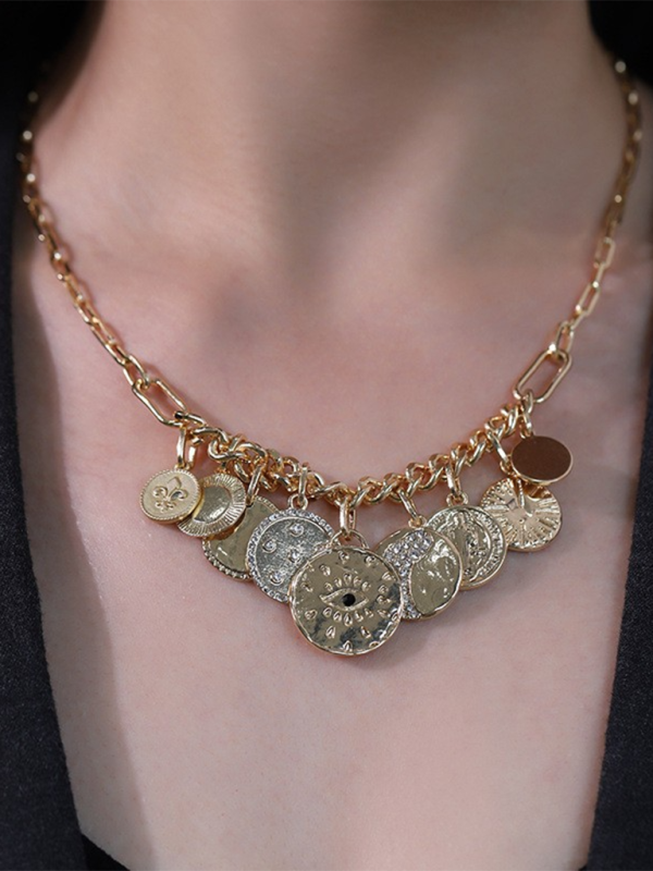 Modern mystical coin-set diamond relief small pendant bib necklace