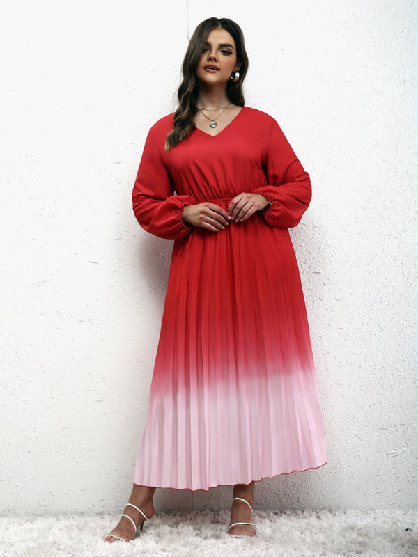 Modern plus size women's temperament gradient pleated dress