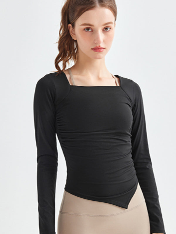 Women's Square Collar Irregular Hem Long Sleeve Quick-Dry Sports Top