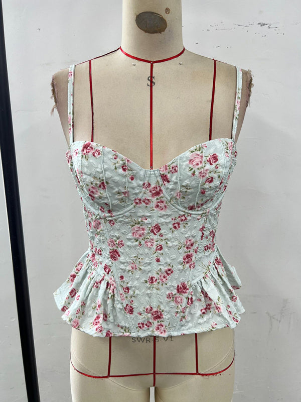 Floral Ruffled Backless Lace-Up Top - Sexy Summer Blouse