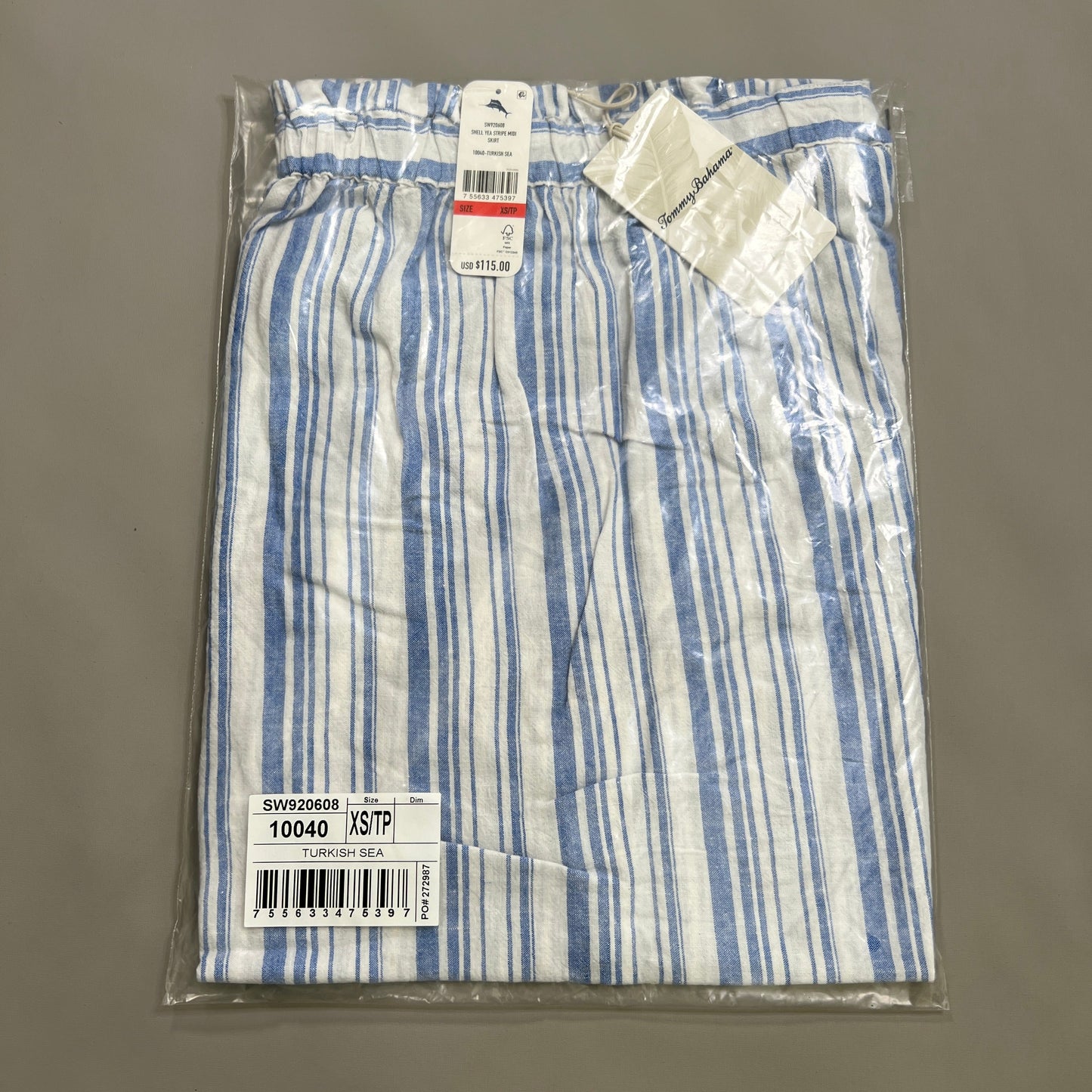 TOMMY BAHAMA Women's Shell Yea Stripe Midi Skirt Turkish Sea Size XS (New)