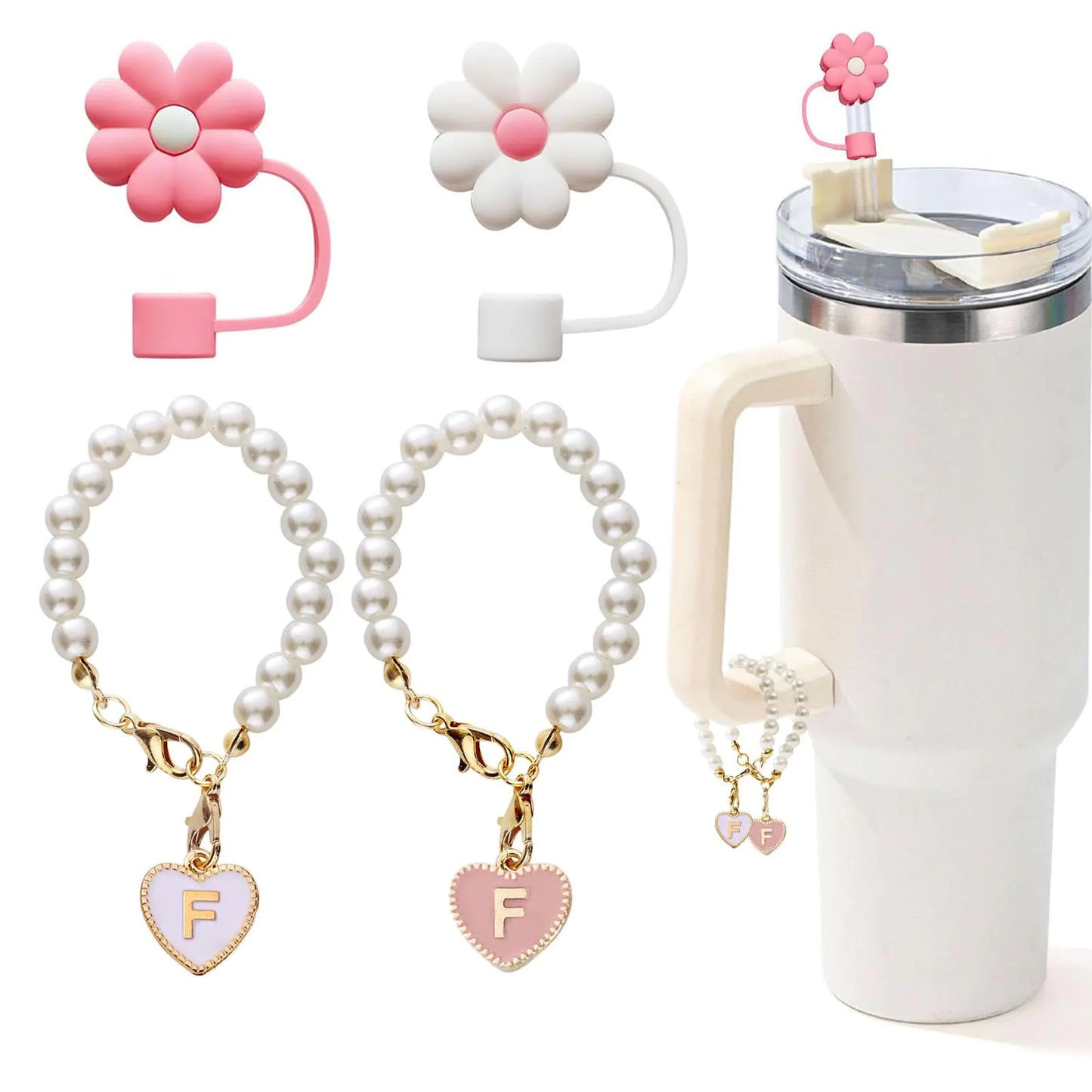 LUHOHI 4pcs Charms for Stanley Cup,Pearl Chain Accessories Stanley Cup Initial Letter Charms for Handle with 2pcs straw covers Stuff Decor Water Bottle Jewelry Tumbler Personalized Decorations ID Q