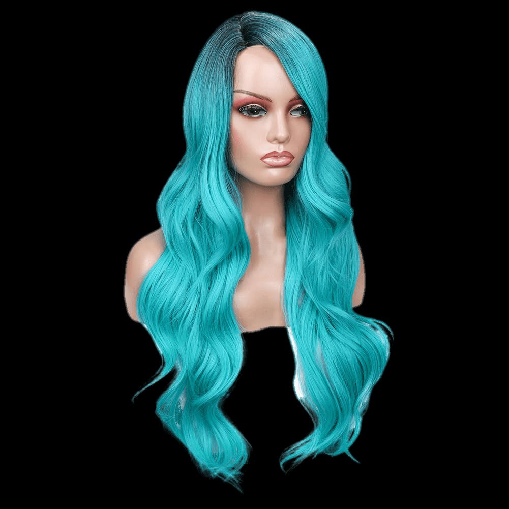 Long Wavy Side Part Wig Ombre Bluish Green color Heat Resistant