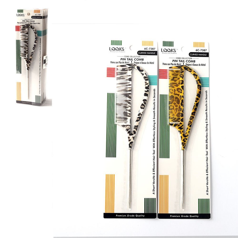 LQQKS PIN TAIL COMB METAL W/ CURVED HANDLE ANIMAL PRINT