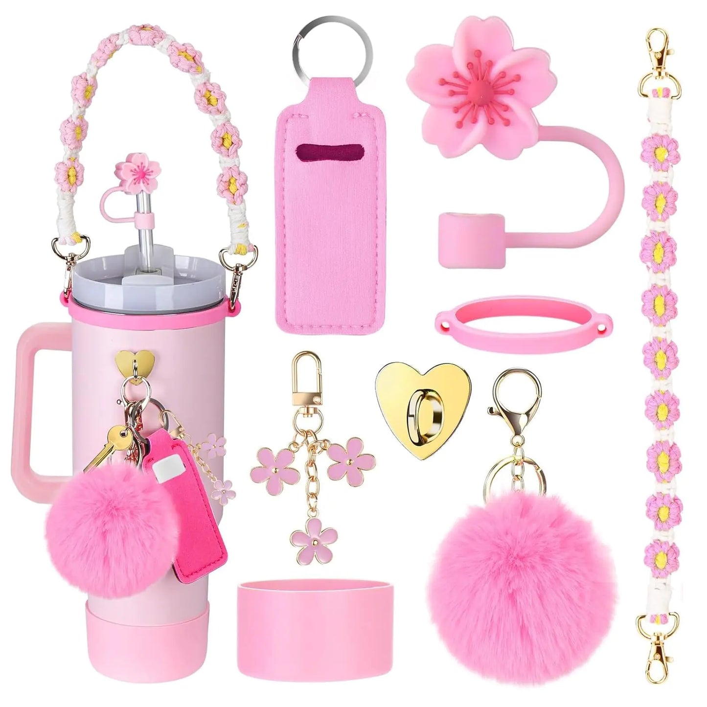 Style Loft Collection Stanley Cup Accessories Set 1 Pcs Water Bottle Handle Strap 1 Pcs Siliocne Stanley Cup Boot 1Pcs Flower Stanley Straw Cover3 Pcs Stanley Charms for Stanley Cup 40 30 oz Tumbler (Pink(update))