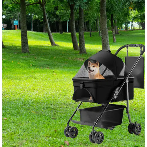 2 In 1 Folding Dog Stroller, Pet Folding Stroller, 4 Wheels Dog Cat Puppy Stroller W Removable Travel Carrier For Small Medium Pet, Waterproof Pad, Car Seat, Sun Shade, Xmas Christmas Gift