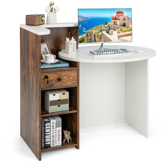 Front Reception Office Desk with Open Shelf and Lockable Drawer-Rustic Brown
