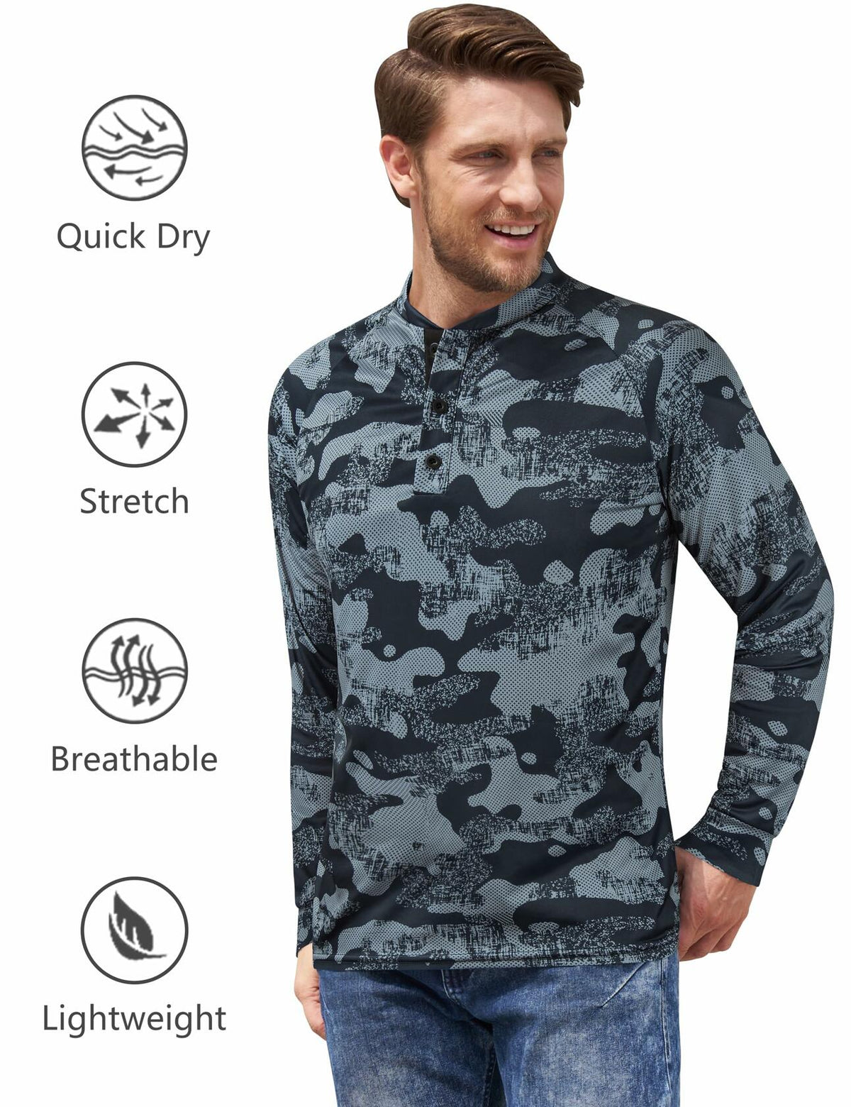 Wancafoke Men's Long Sleeve Henley Shirt Quick Dry Collarless Lake Blue - Size L